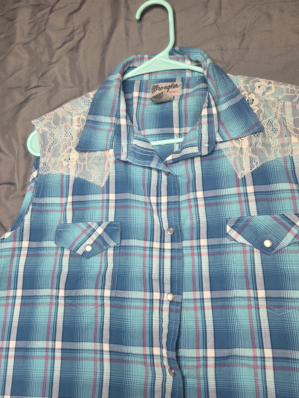 Wrangler Western Sleeveless Plaid Snap Button Shirt XL Lace Yoke Blue - Picture 2 of 6